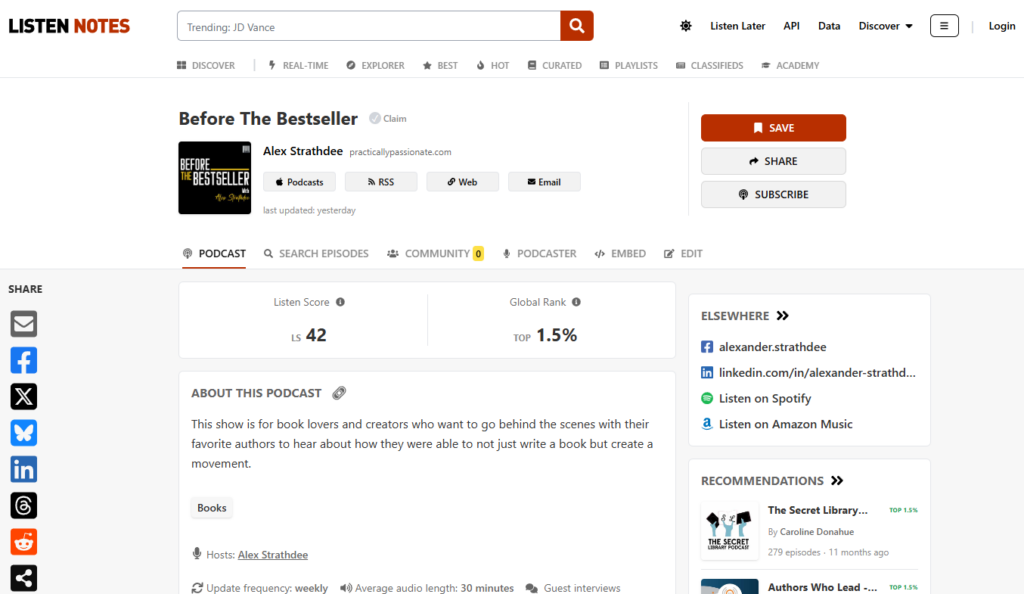Searching for author-friendly book marketing podcasts on ListenNotes