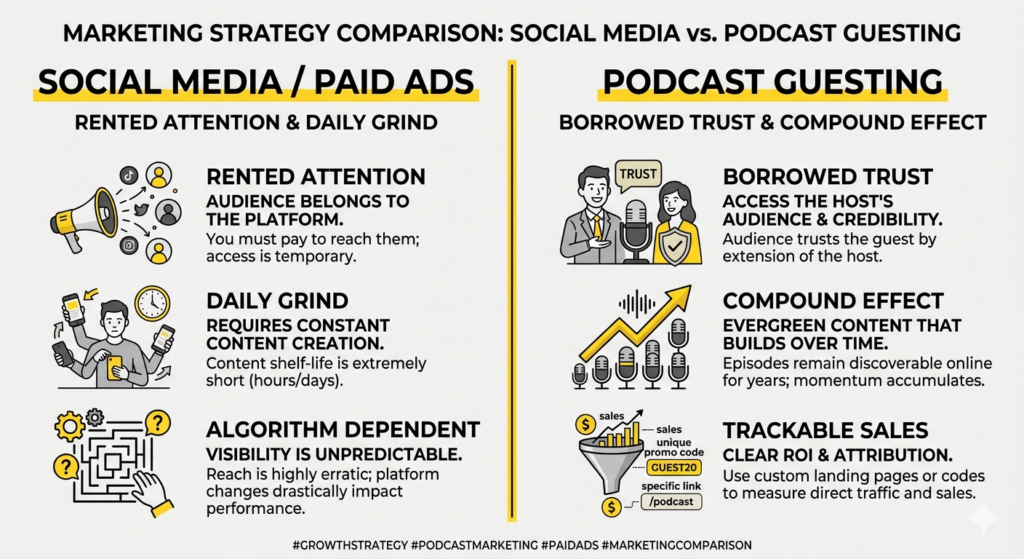 Infographic comparing book marketing via podcast guesting versus social media and paid ads